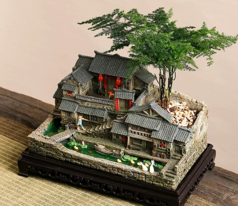 ROYAL FOUNTAIN Miniature Chinese Ancient Village House Model, Resin Figurine, 24x15x13 cm