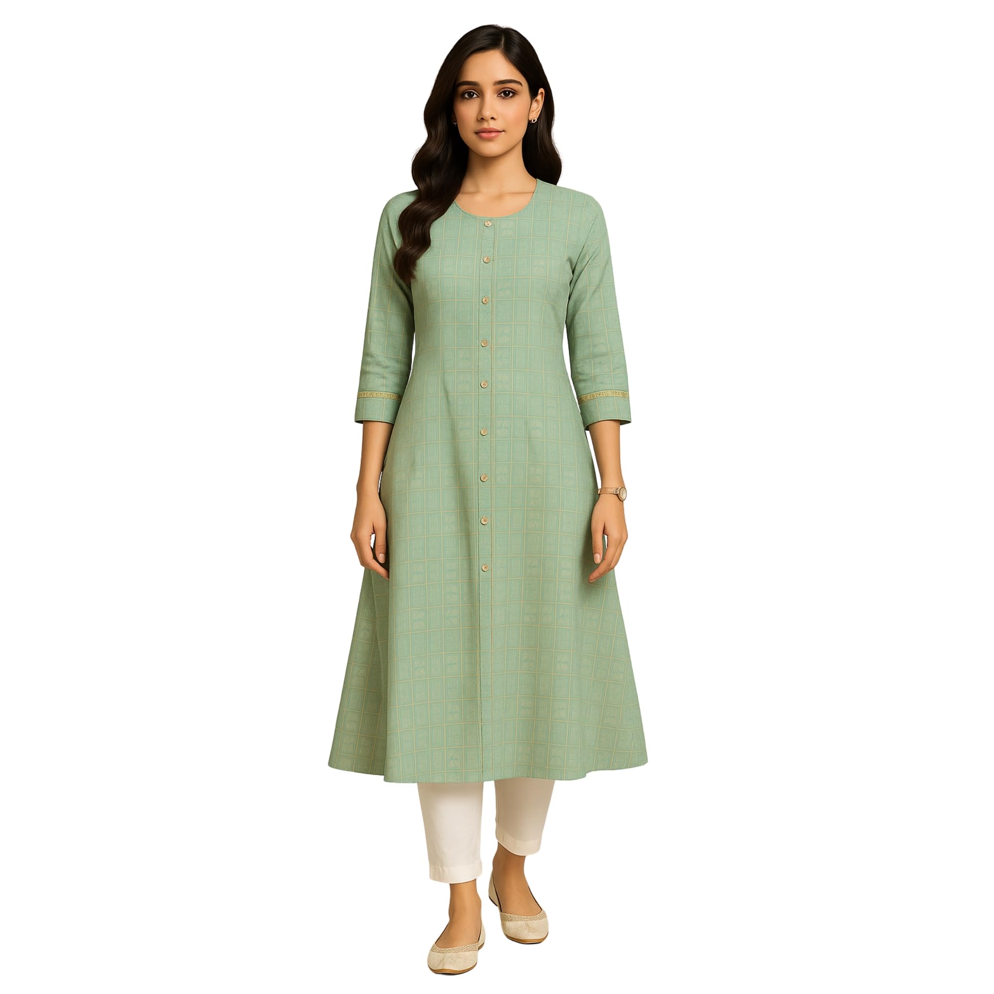 NOOR APPAREL Subtle Golden Geometric Block Print Kurta for Women Color-Pastel Aqua Green- S