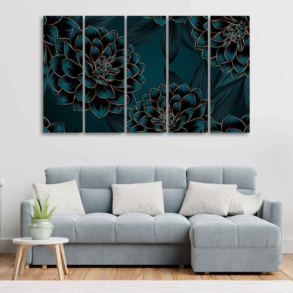 VIBECRAFTS Golden Flowers Dahlia and Leaves Wall Painting of Five Pieces For Home|Office|Living Room|Gift (PTVC5Pcs4_8718)