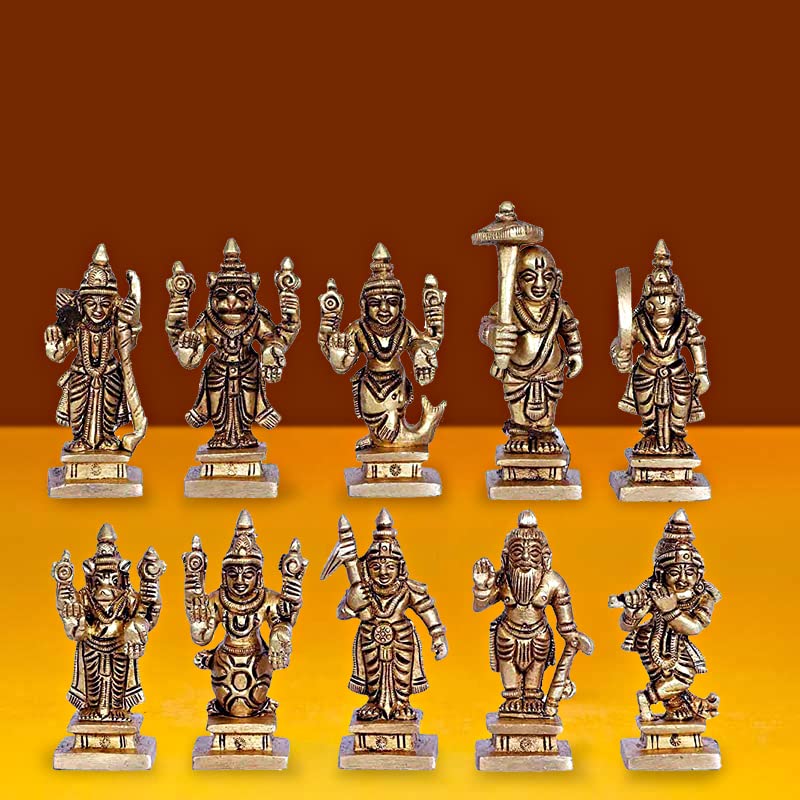 ARTVARKO Brass Dashavtar Lord Vishnu Ten Incarnations Avatar Set Dashavatara Murti Gold (Small Size 3x2.5x6 cm)