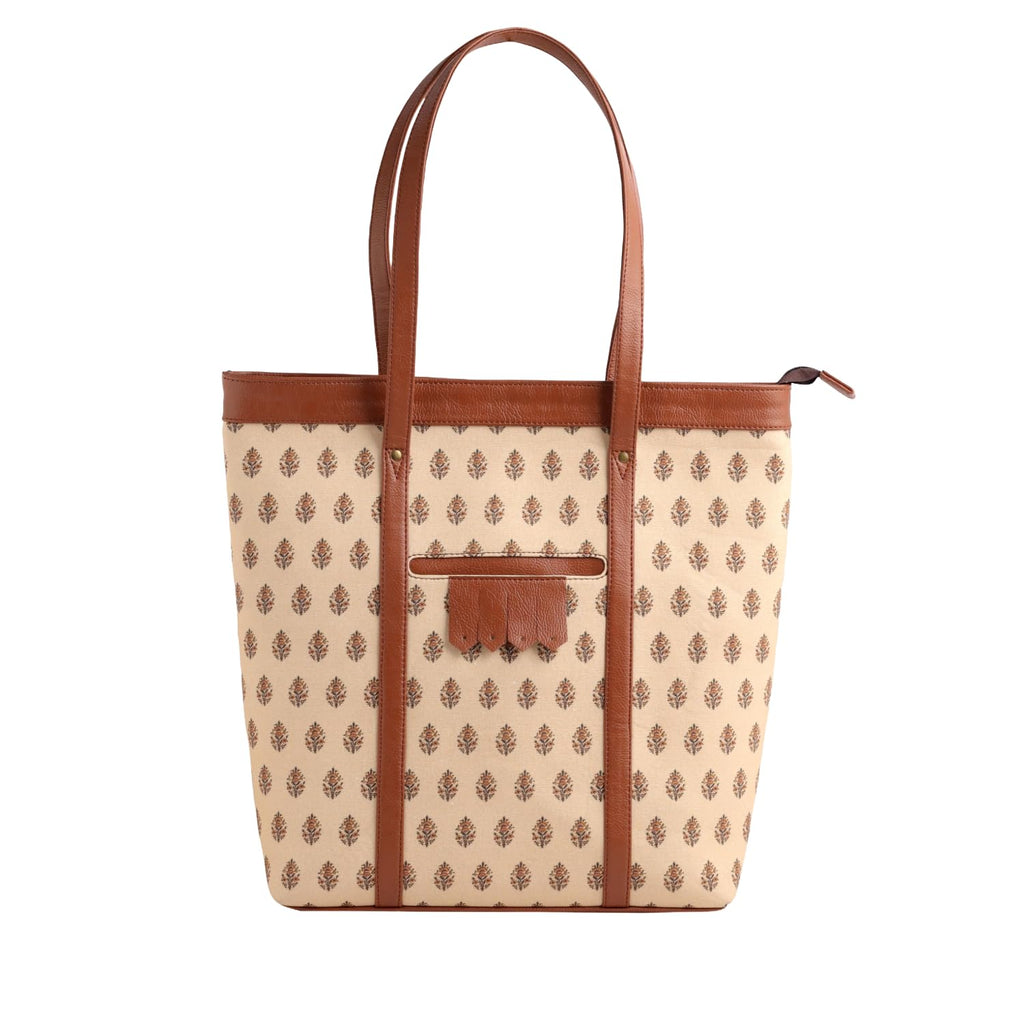 KALOOM Women’s Tote Bag with Zip Closure | Cotton Canvas & Vegan Leather Shoulder Bag | Spacious Printed Handbag with Outer Pocket for Office, Travel & Everyday Use (Beige)