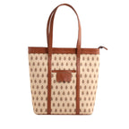 KALOOM Women’s Tote Bag with Zip Closure | Cotton Canvas & Vegan Leather Shoulder Bag | Spacious Printed Handbag with Outer Pocket for Office, Travel & Everyday Use (Beige)