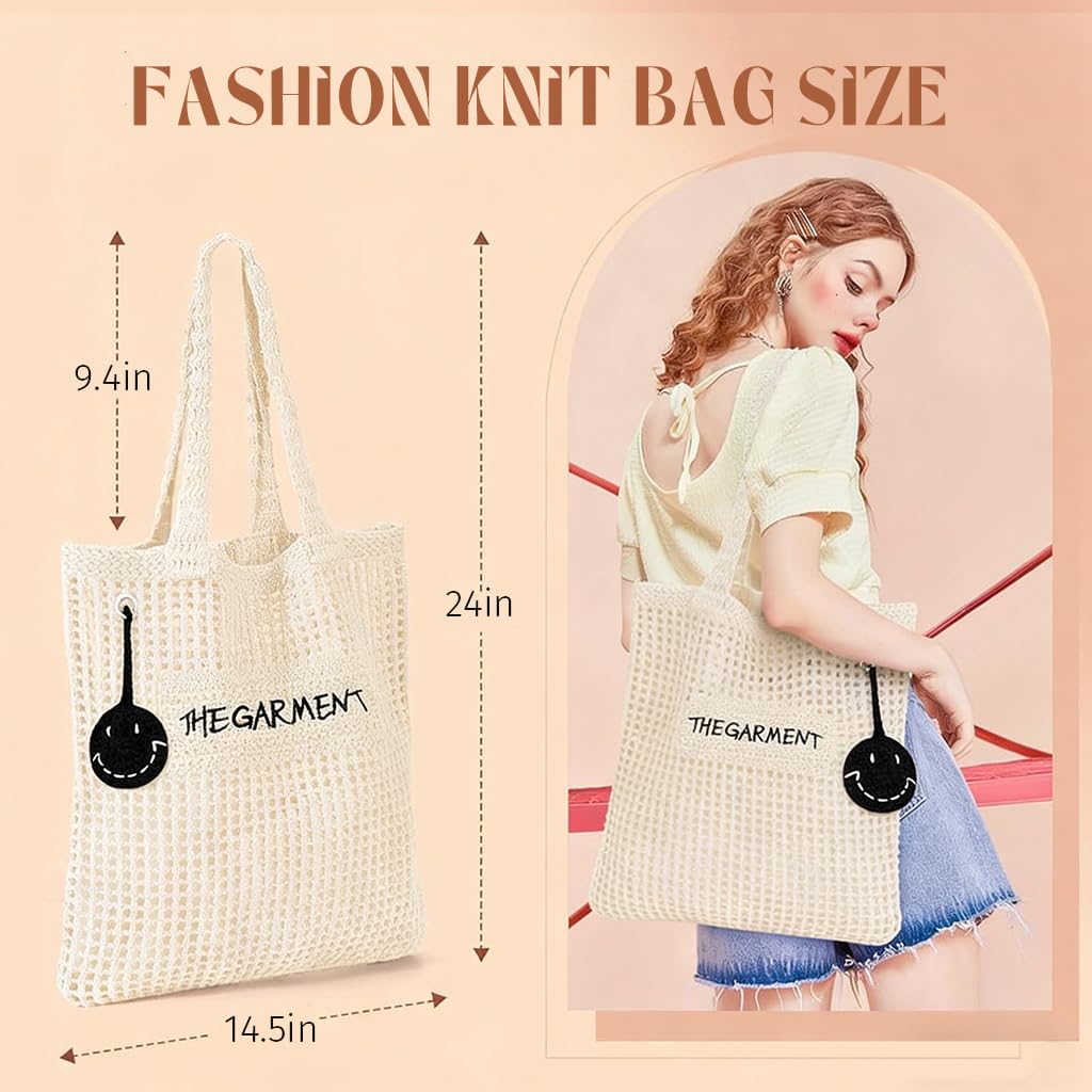 PALAY® Tote Bag for Woman Beige Crochet Hand Bags with Smiley Charm Mesh Woven Knitting Women Handbags Elegant Hollow-out Braided Beach Bohemian Shoulder Bag for Woman