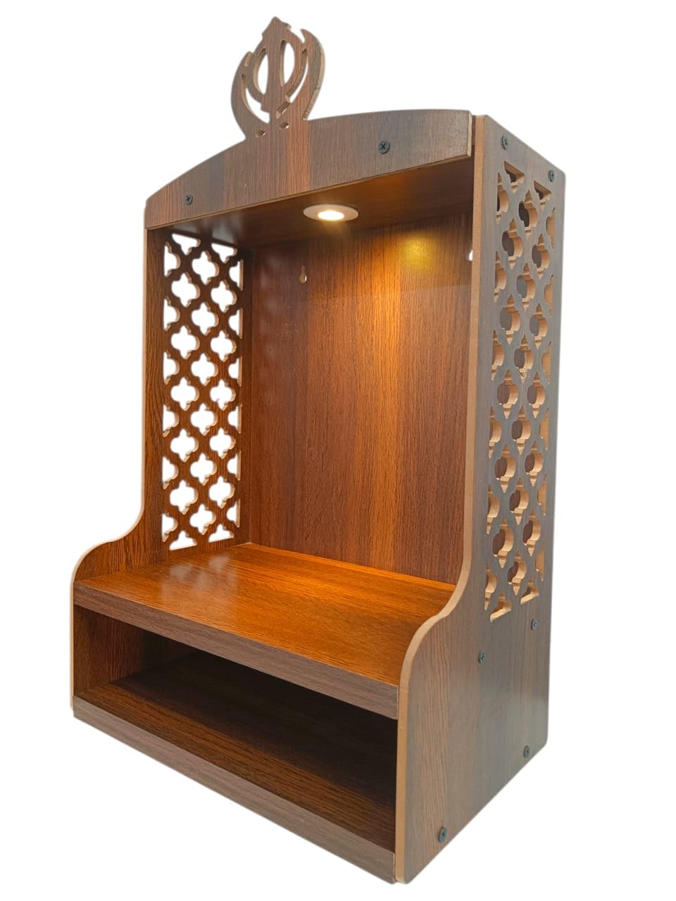 Wooden Wall Mounted Temple with LED Light, Sikh Khanda Design Pooja Mandir for Home, Office & Prayer Room Decor