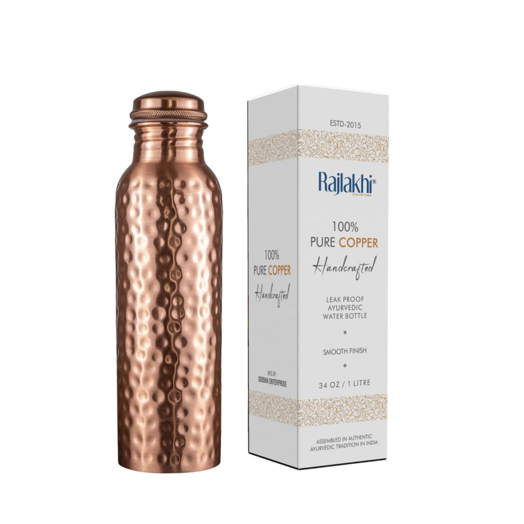 Rajlakhi Copper Water Bottle 1 Ltr Pure Ayurvedic Copper Bottle for Drinking Water | Copper Bottle 1 Ltr Leak Proof Design | Tamba Pot, Pure Tambe Ka Metal Bottles for School Kids & Women Daily Use.