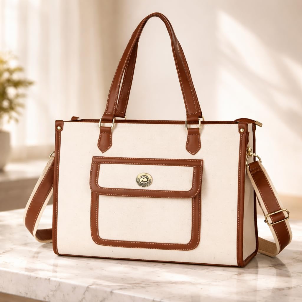 PRD Craft Women’s Canvas Laptop Tote Bag | 15.6 Inch Laptop Compartment | Large Office Work Shoulder Bag for Travel