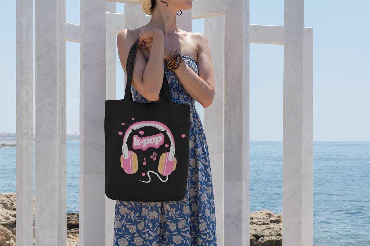 YaYaCafe BTS Printed Canvas Cotton Black Tote Bag with Zipper for Women & Girls