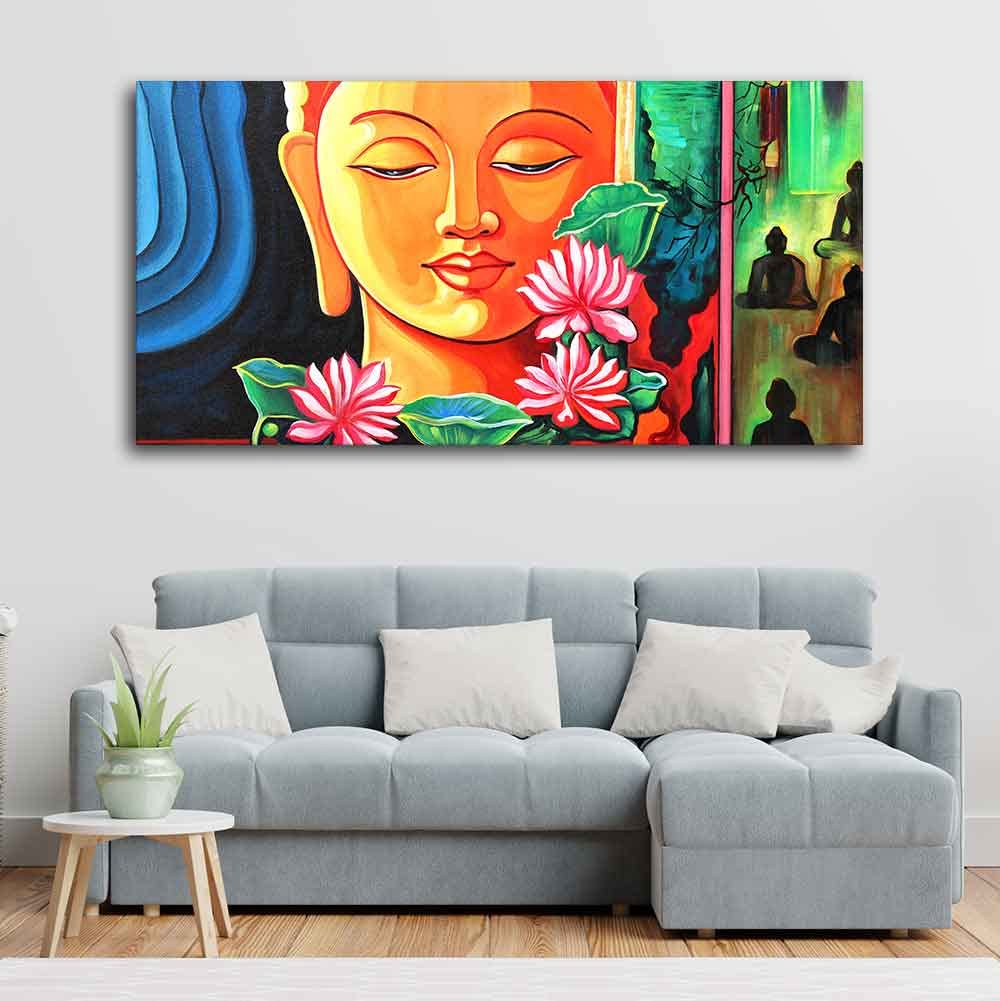 VIBECRAFTS Canvas Paintings for Living Room Drawing Room Spiritual Gautam Buddha Canvas Wall Painting Fitted With Wooden Frame For Home | Office | Living Room | Gift (PTVCH_2499)