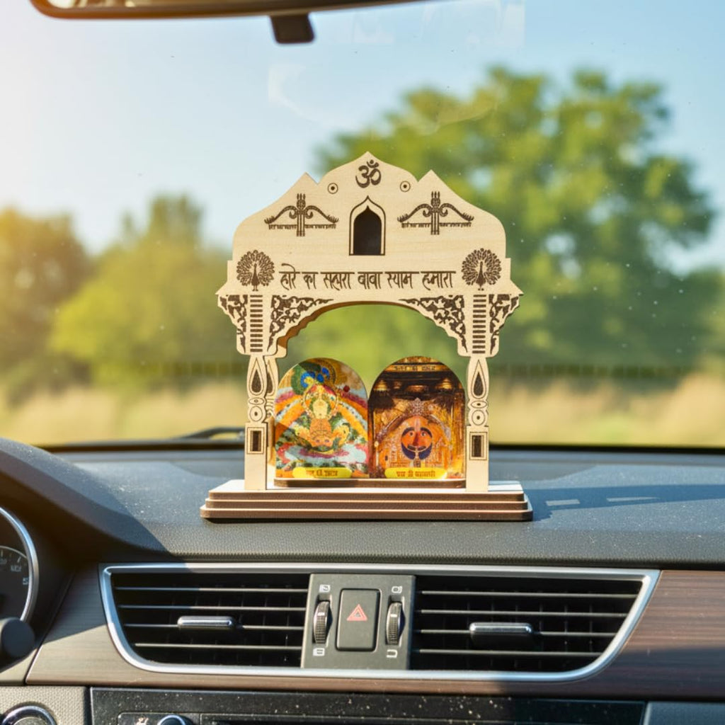 SHRI KHATU SHYAM CREATION Wooden Mini Temple for Car Dashboard with Om Symbol | Decorative Hindu Shrine with Khatu Shyam Ji & Salasar Balaji Images | Compact Traditional Mandir for Home, Office & Car