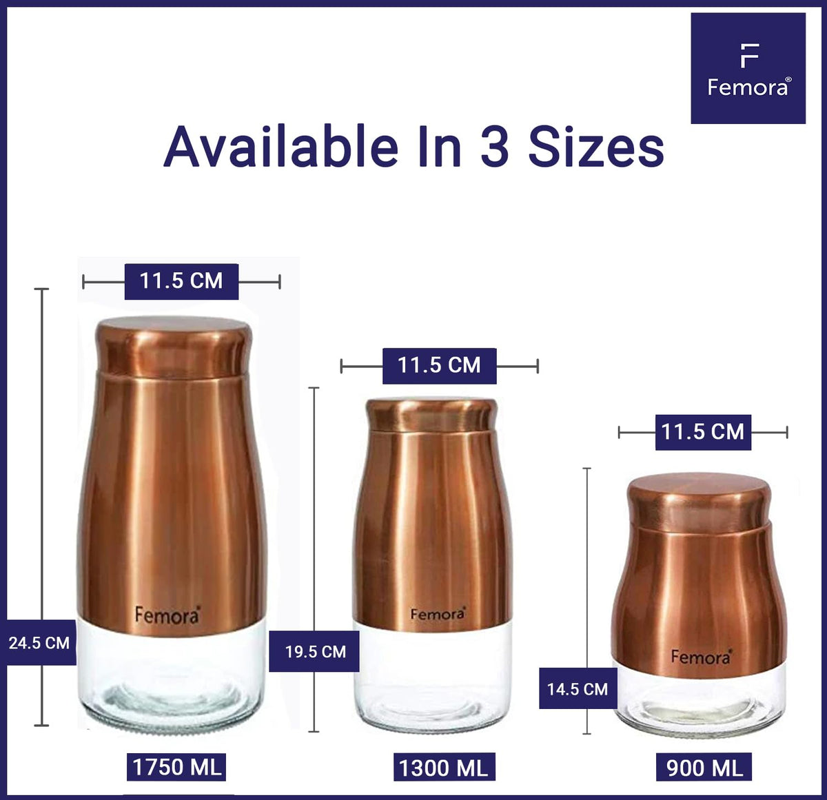 Femora Copper Metallic Clear Glass Jars | See Through Bottom Jar | 1 Year Warranty | Airtght | Jars for Snacks, Fry Food, Masala, Spice, Pickles, Cookies |900 ML | Set Of 6 | Copper