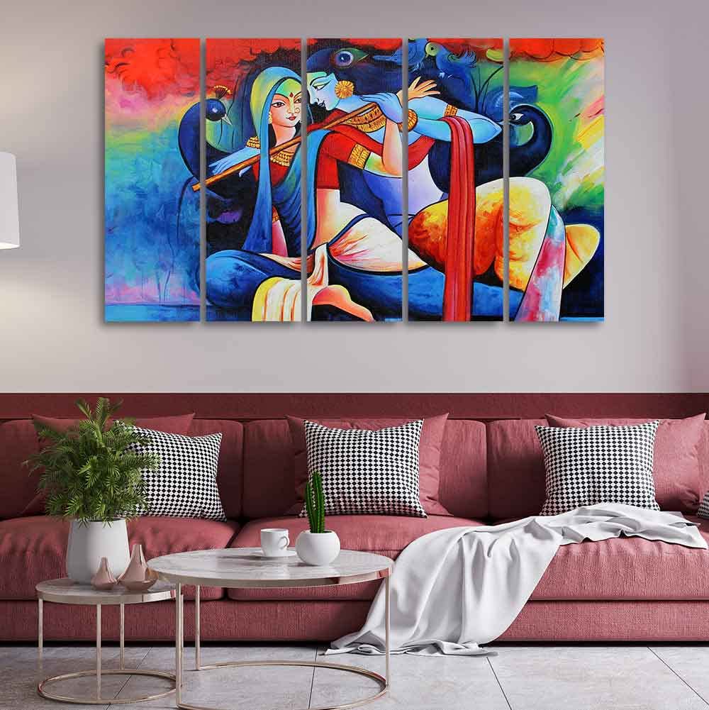 VIBECRAFTS Radha Krishan Playing Flute Canvas Wall Painting Five Panel Set For Home|Office|Living Room|Gift (PTVC5Pcs4_8693)