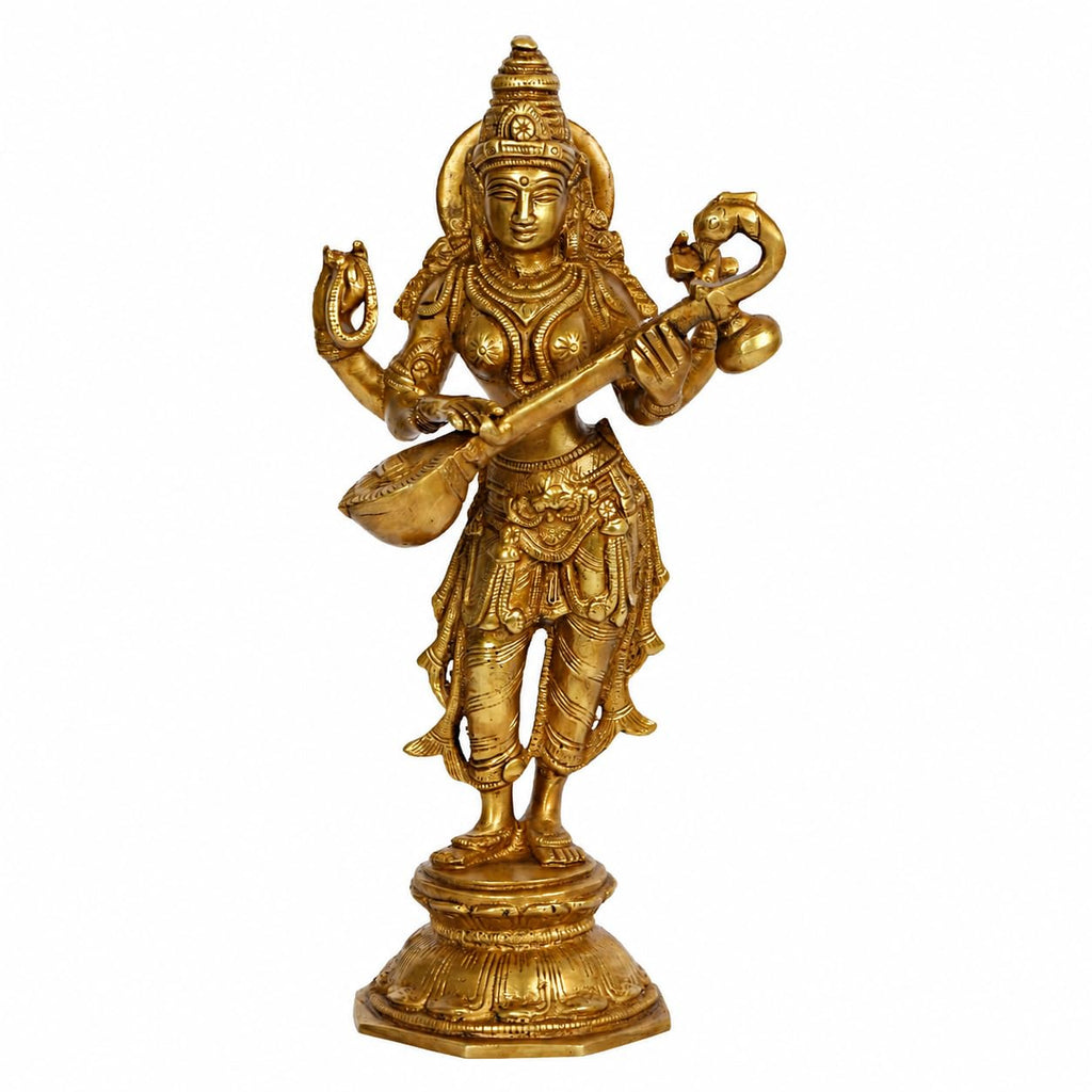 ARTVARKO Brass Goddess Maa Saraswati Statue Standing Education Study Vidya Devi Idol Spiritual Puja Vastu Showpiece Religious Murti Sculpture Knowledge Music & Art 10 Inches