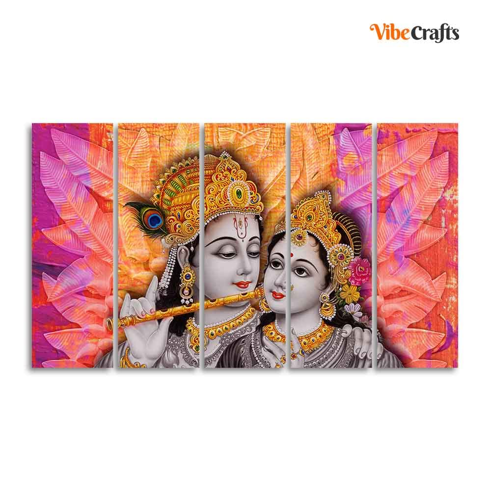 VIBECRAFTS Colorful Wall Painting of Radha Krishna Set of Five Pieces For Home|Office|Living Room|Gift (PTVC5Pcs4_8676)