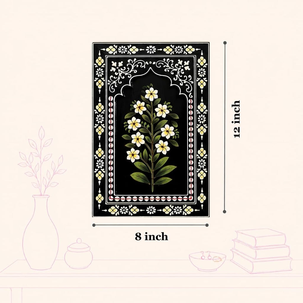 ATRANGI STUDIO Indigo Bloom Handpainted Wooden Wall Frames (Set of 3) | Jharokha Style Floral Wall Hanging | Rajasthani Traditional Art | Framed Wall Painting for Living room, Bedroom, Office | 12×8 Inch