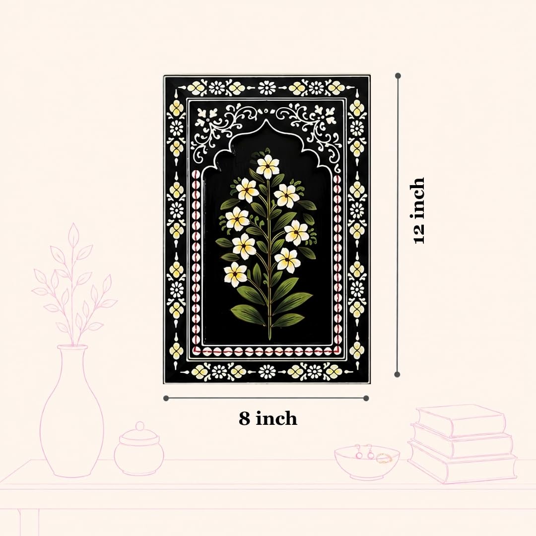 ATRANGI STUDIO Indigo Bloom Handpainted Wooden Wall Frames (Set of 3) | Jharokha Style Floral Wall Hanging | Rajasthani Traditional Art | Framed Wall Painting for Living room, Bedroom, Office | 12×8 Inch
