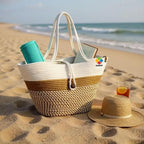DYARCHY Woven Straw Beach Tote Bag, Cotton Rope Handle with Button Closure (BEIGE BROWN WHITE)