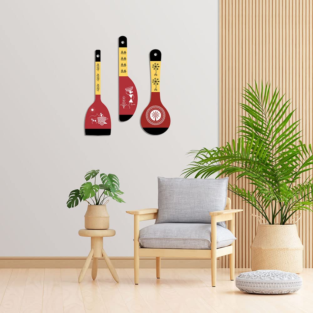 Artvibes Warli Art Wooden Wall Hanger for Home | Office | Living Room | Gift | Modern Decoration Items | Kitchen Wall Decor | Home Decor Hanging Items (WH_5016NN), Set of 3