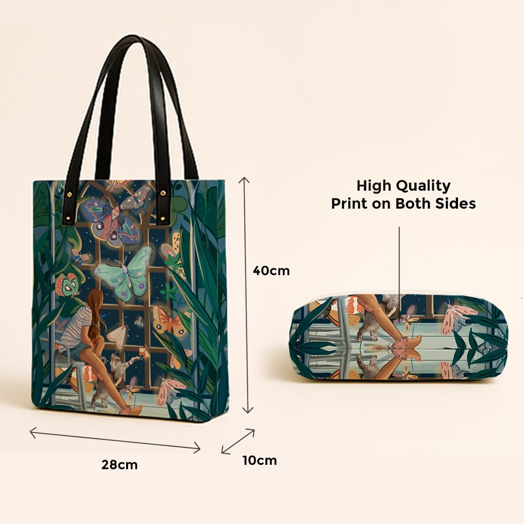 Kalankit Classic Tote Bag For Women | Canvas Printed Totes | Aesthetic Shoulder College Bag For Girls | Vegan Leather Everyday Handbag | Gift for Woman | Glowing Butterflies