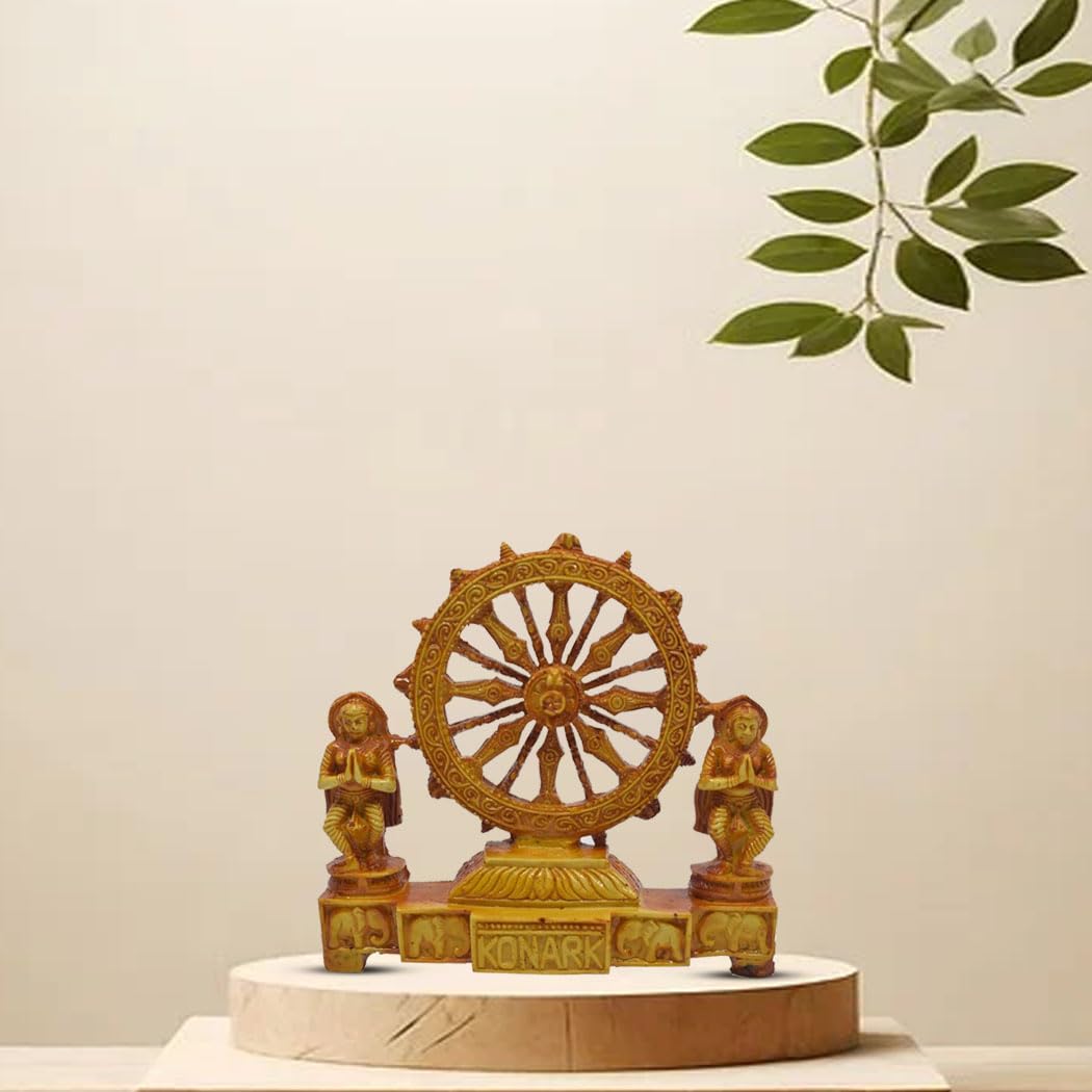 NEALEXKLUSIVE® Marble Dust Konark Sun Temple Wheel with Odishi Dancer Showpiece for Home and Office Decor & Gift Brown Color 5H x 5.7L Inch 01 Piece