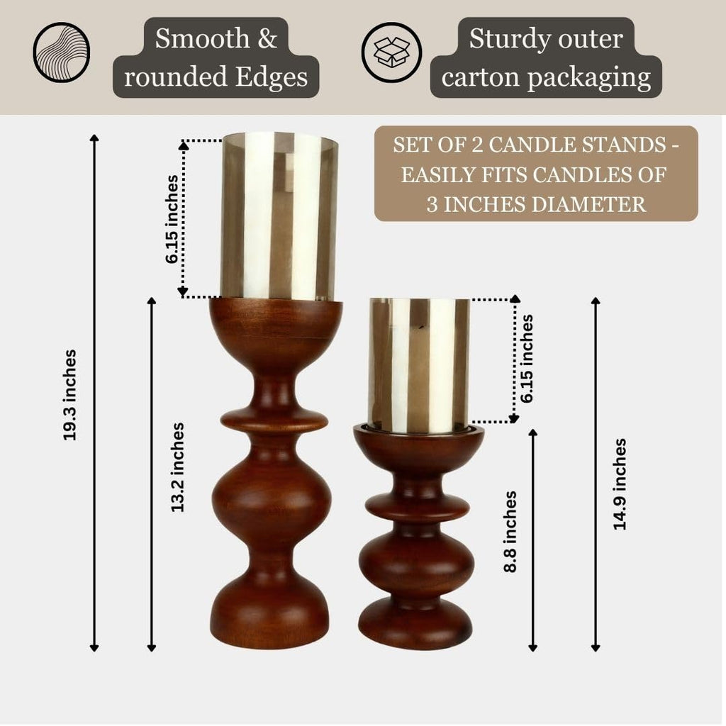 DREAMY WALLS Wooden Candle Stands For Home Decor With Glass (Set Of 2)- Mango Wood Candle Holder Stand,Dining Table Decor,Wavy Round Pillar Candle Holder,Decorative Candle Stands ,Light Brown