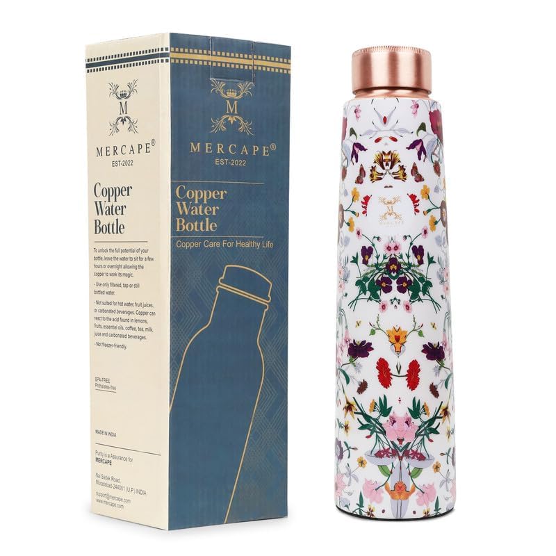 MERCAPE Pure Copper Water Bottle 900 ml | Floral Printed Designer Finish | Jointless Construction | Leak-Resistant Screw Cap | Reusable Water Bottle for Home, Office, Yoga & Travel