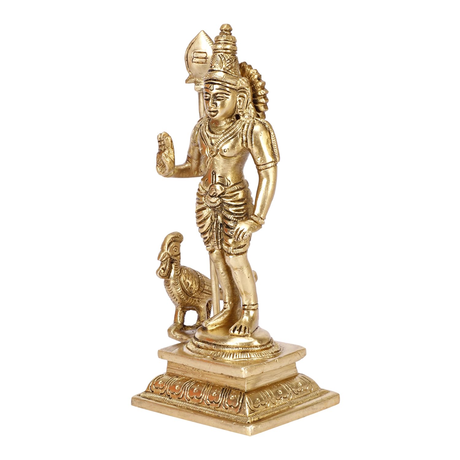 SVARUP Brass Lord Murugan Kartikeya Kumaraswamy Karthikeya with Peacock Idol Swaminatha Murti 7 Inch