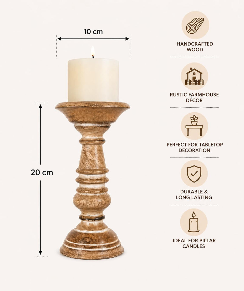 Wooden Pillar Candle Holder Stand, Rustic Turned Design Ideal for Weddings or Parties as Well as Home Decor Brown White wash
