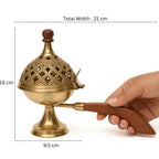 DSH Brass Incense Burner with Wooden Handle – Handcrafted Decorative Charcoal Bakhoor Burner with Lid for Home Fragrance (8.5 Inch)