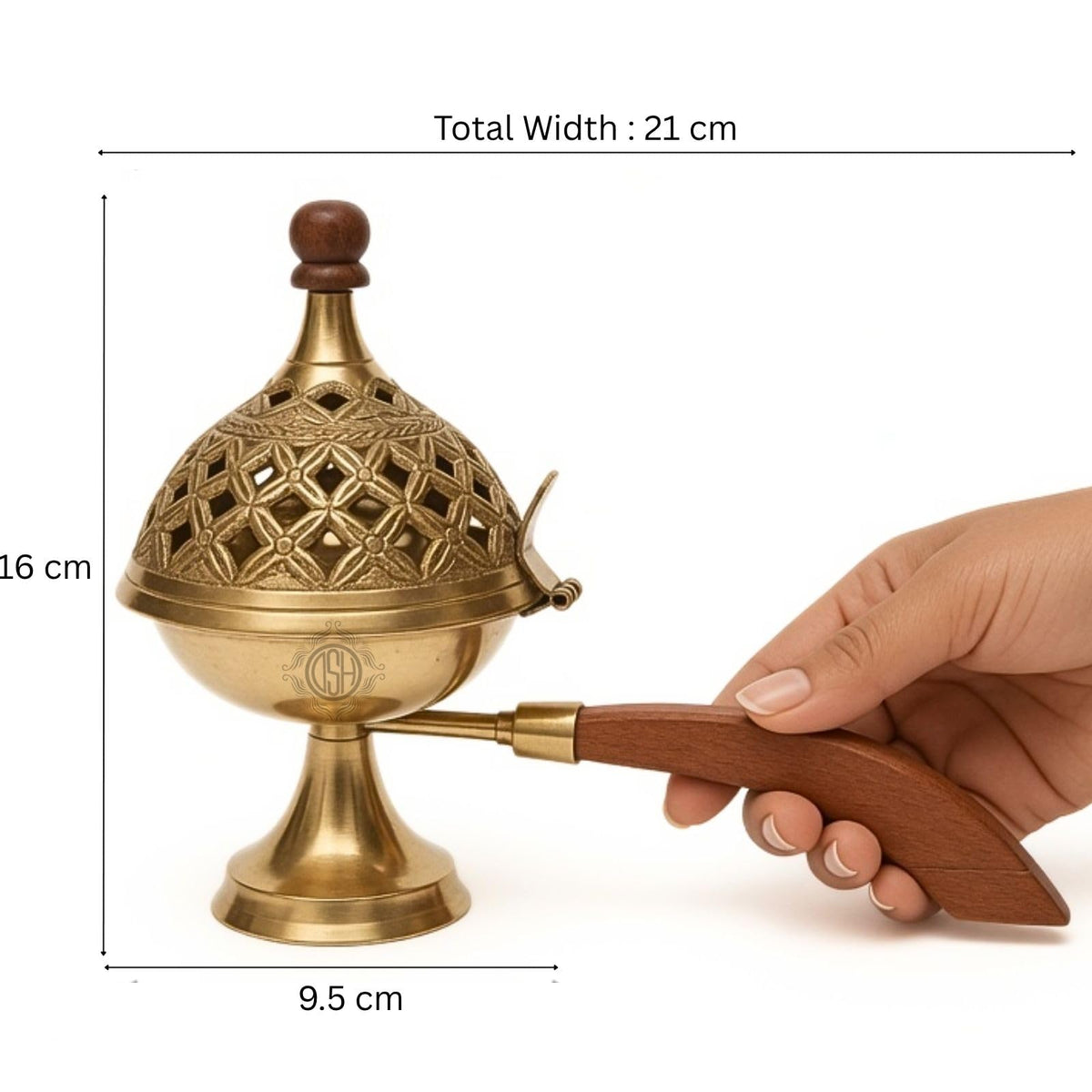 DSH Brass Incense Burner with Wooden Handle – Handcrafted Decorative Charcoal Bakhoor Burner with Lid for Home Fragrance (8.5 Inch)