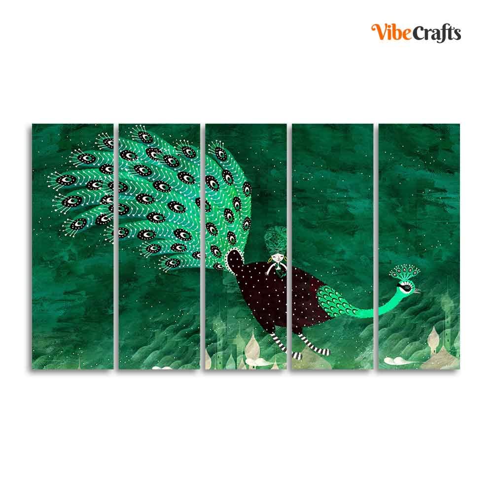 VIBECRAFTS Abstract Art Peacock Canvas Wall Painting of 5 Pieces For Home|Office|Living Room|Gift (PTVC5Pcs4_8611)