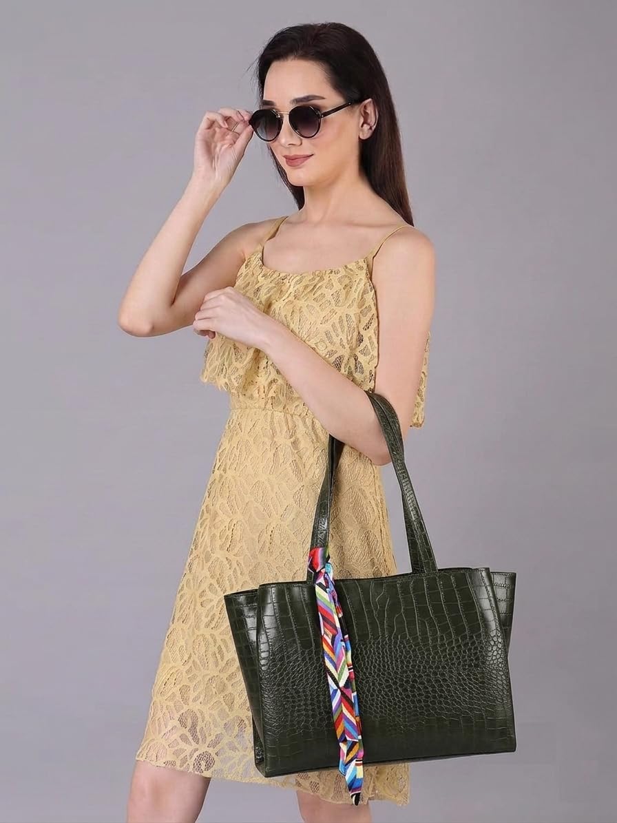 DANIEL CLARK Large Crocodile Texture Tote Bag |PU Leather Shoulder Handbag for Office, Shopping & Travel Handbag with ribbon scarf for Women & Girls (Green)
