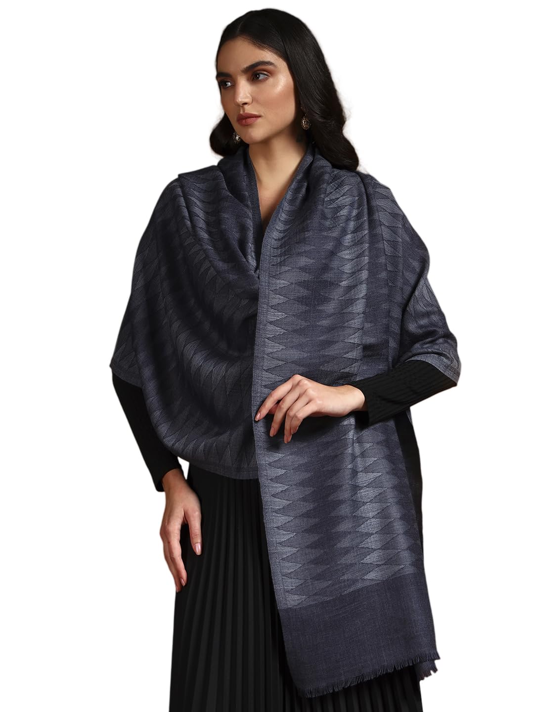 Pashmoda Women 100% Pure Wool Ikat Checkered Stole, Scarf, Wrap, Sustainable and Natural Fabric, Luxury Heritage Pashmina Gift, Evening Stole (Size 28x80 Inches, Blue 2) CHST05