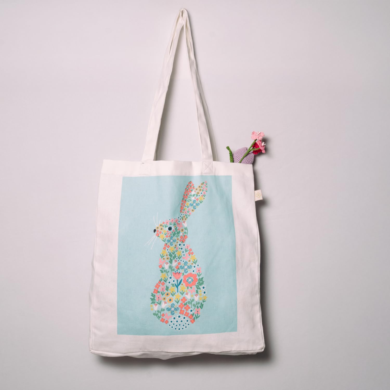 Cotton Canvas Tote Bag with Floral Bunny Print | Reusable Lightweight Shopping Bag with Long Handles | Eco-Friendly Everyday Carry Bag for Shopping, Travel & Gifting