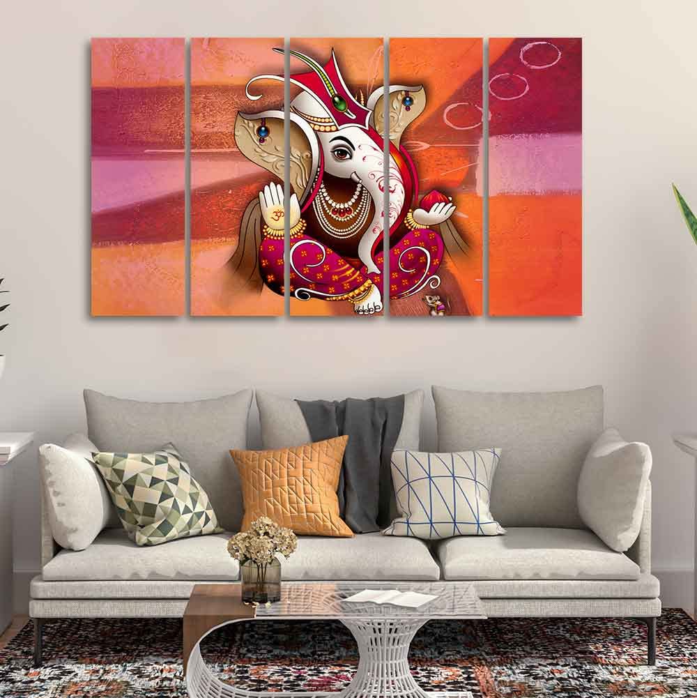 VIBECRAFTS Traditional Shree Ganesh 5 Pieces Canvas Wall Painting For Home | Office | Living Room | Gift (PTVC5Pcs4_8531)