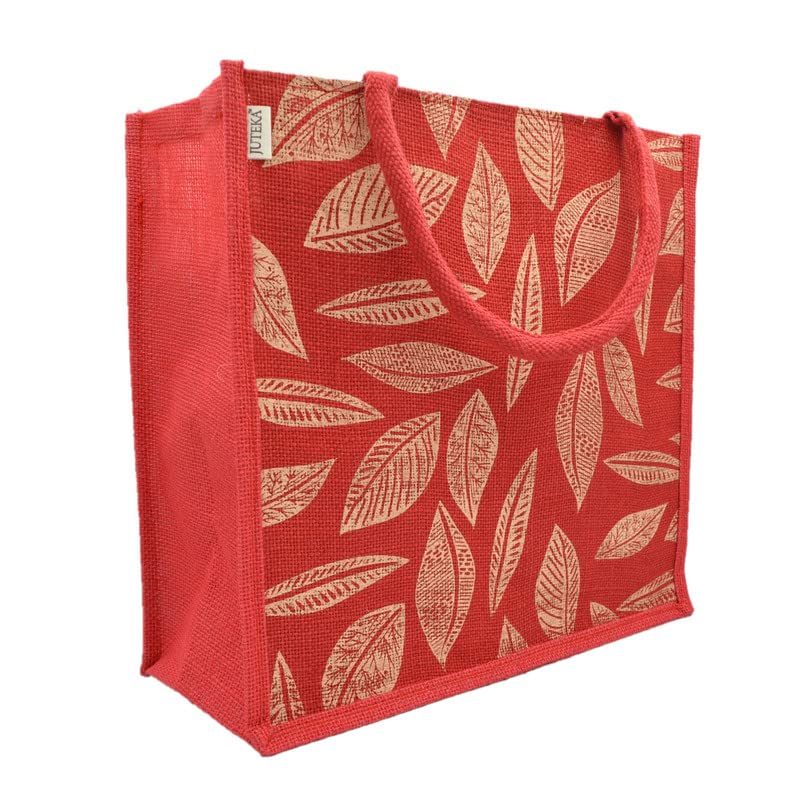 JUTEKA Unisex Printed Lunch, Office, Grocery, Picnic, Tote, Tiffin, Shopping, Jute Bag with Padded Cotton Handles,Red