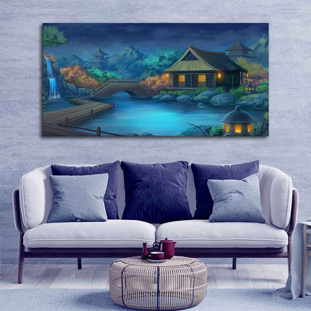 VIBECRAFTS Canvas Paintings for Living Room Drawing Room Beautiful Japanese Courtyard at Night Canvas Wall Painting for Home|Office|Gift(PTVCH_2394)(48 x 24 Inches)