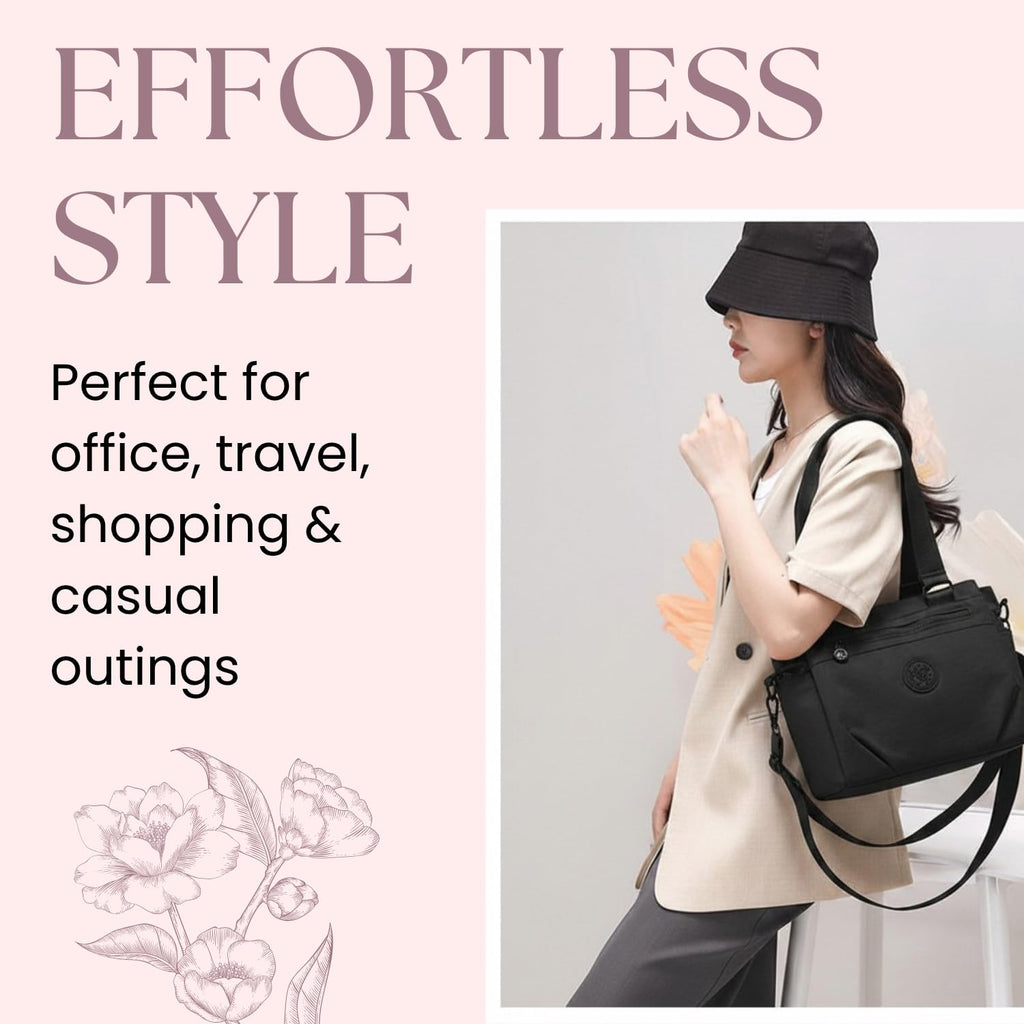 MOCA Women Nylon Tote Bag Lightweight Waterproof Handbag Large Capacity Multi Compartment Shoulder Crossbody Bag Daily Use Office Travel College Ladies Purse with Zipper (Noir)