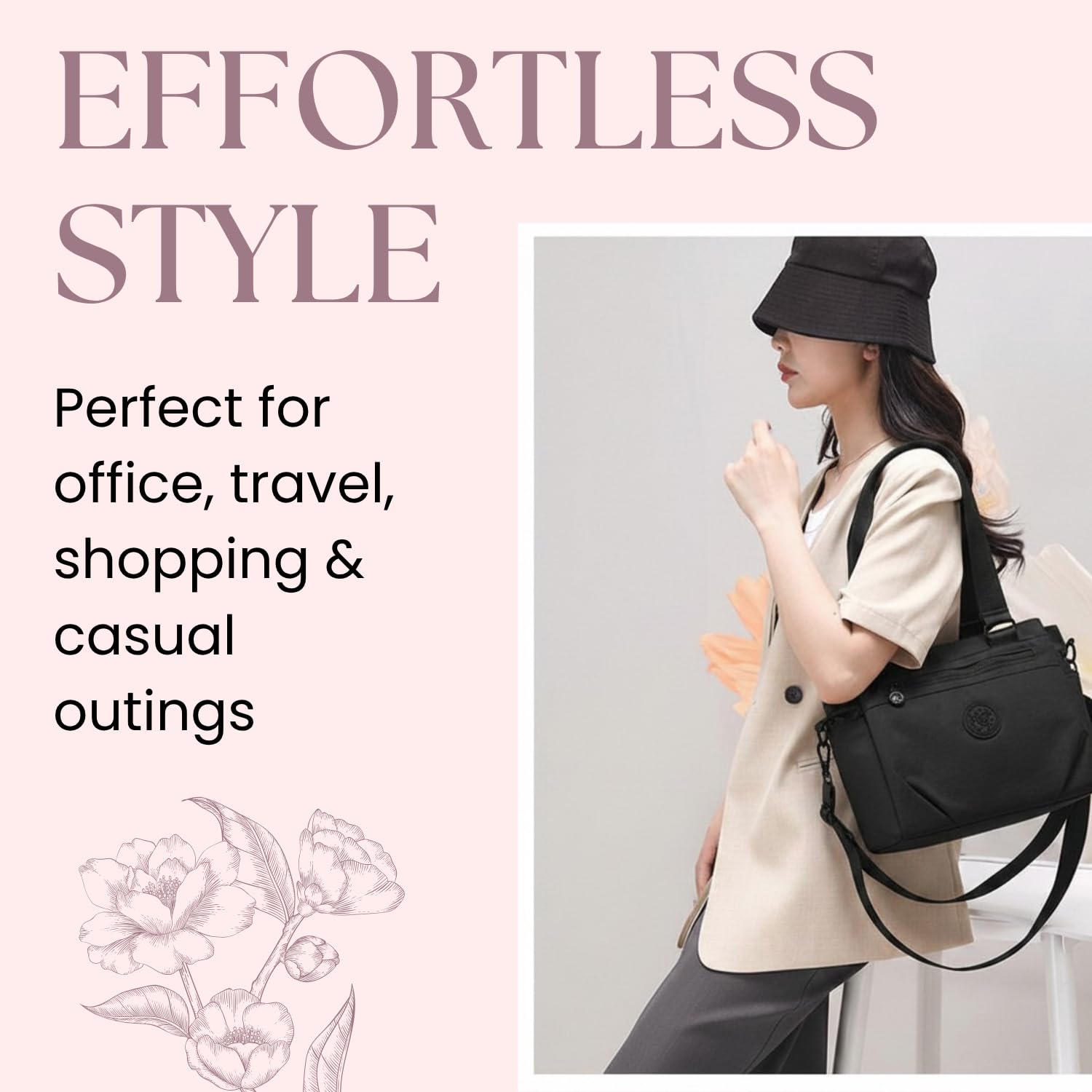 MOCA Women Nylon Tote Bag Lightweight Waterproof Handbag Large Capacity Multi Compartment Shoulder Crossbody Bag Daily Use Office Travel College Ladies Purse with Zipper (Noir)