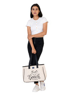 AQVA Women & Men Cotton Tote Bag | Black and White Collection Printed Handbag Shoulder Bag with Zipper and Inner Zip Pocket for Grocery, Shopping, Travel, Work, Beach Lunch (16 X 12.5 X 5_Beach)