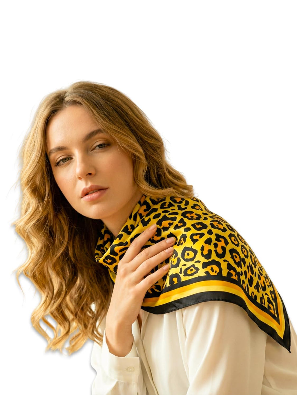 leeza store Women's Golden Beige Silk Scarf For Women – Digital Printed Leopard Pattern, 40X40, Stylish & Elegant Accessory