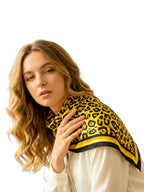 leeza store Women's Golden Beige Silk Scarf For Women – Digital Printed Leopard Pattern, 40X40, Stylish & Elegant Accessory
