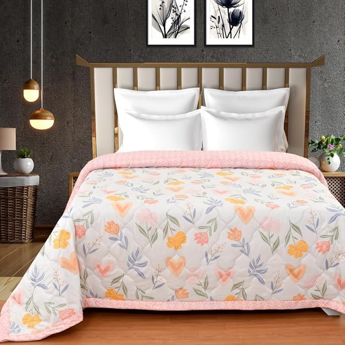 Summer Blanket 100% Cotton Reversible Ac Comforter and Cooling | Classic Printed Design | Quilt | Dohar Single/Double Bed Quilt Ideal for Gifting (Pink Flower, Double BE) Kafalo