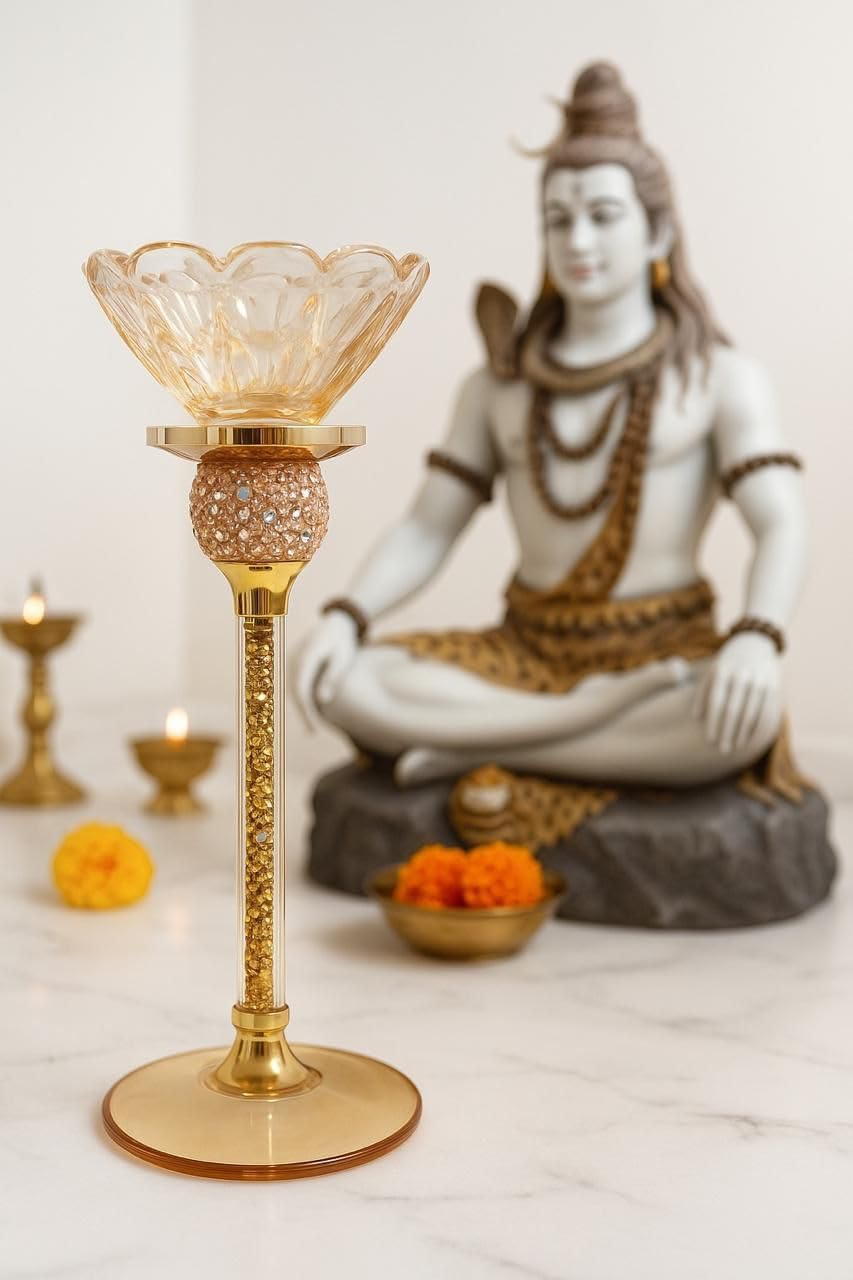 PIXELERA Luxury Gold Candle Stand Holder with Crystal Lotus Bowl | Decorative Metal Candle Holder for Home Décor, Pooja, Festival & Table Centerpiece (Crystal Glass Diya Stand)