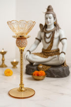 PIXELERA Luxury Gold Candle Stand Holder with Crystal Lotus Bowl | Decorative Metal Candle Holder for Home Décor, Pooja, Festival & Table Centerpiece (Crystal Glass Diya Stand)