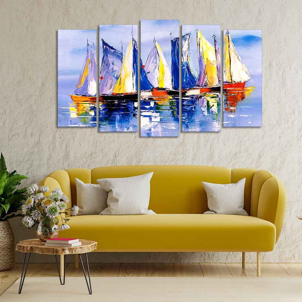 VIBECRAFTS Boats in Ocean Canvas Wall Painting of Five Pieces For Home|Office|Living Room|Gift (PTVC5Pcs2_6532)