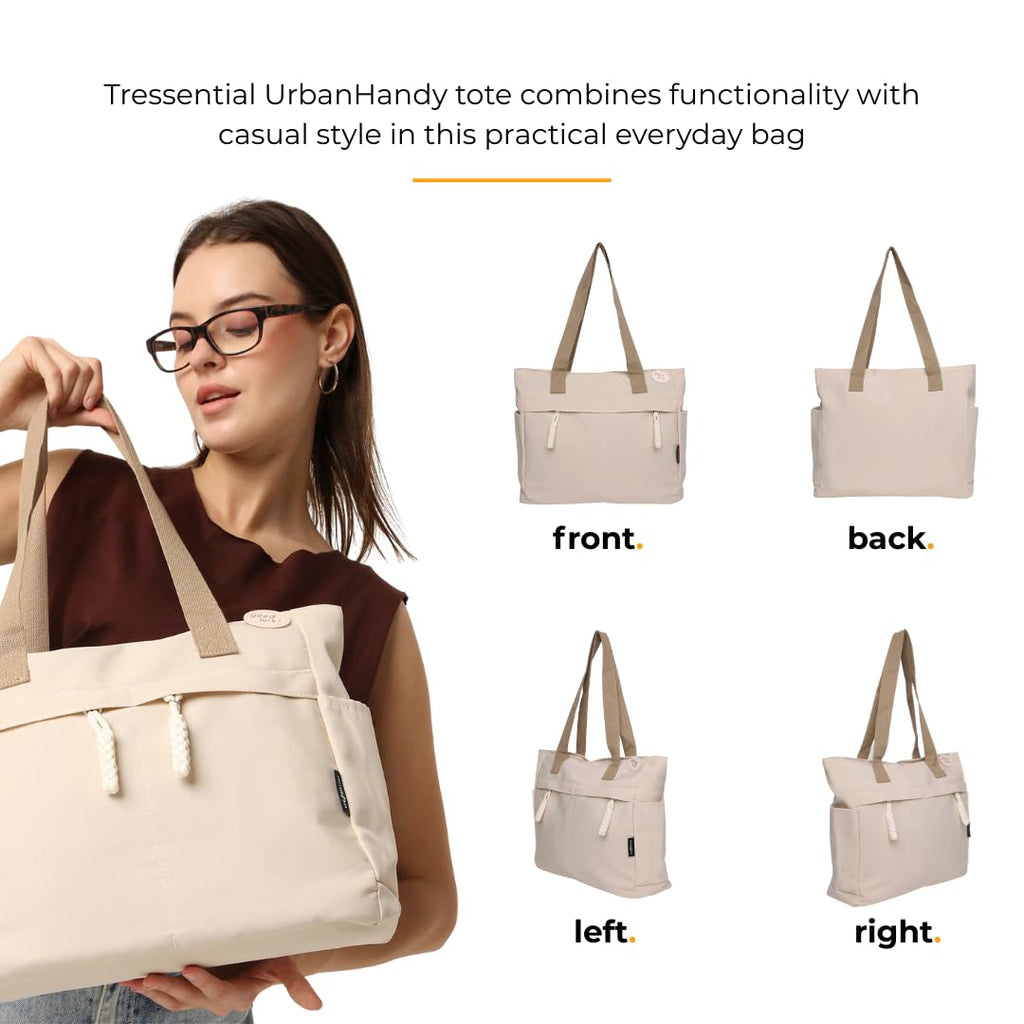Tressential Canvas Tote Bag, HandBag for Women, Multi-Pocket Design, Casual Style for Office & College (Ivory)