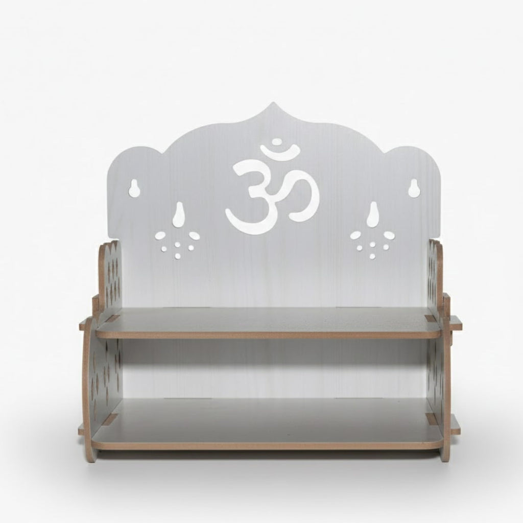 AR ART Wall Mounted Wooden Pooja Mandir for Home | Two Tier Temple Shelf with Om Design | White Prayer Shelf for Idols Diya & Pooja Items | Home Temple Decor