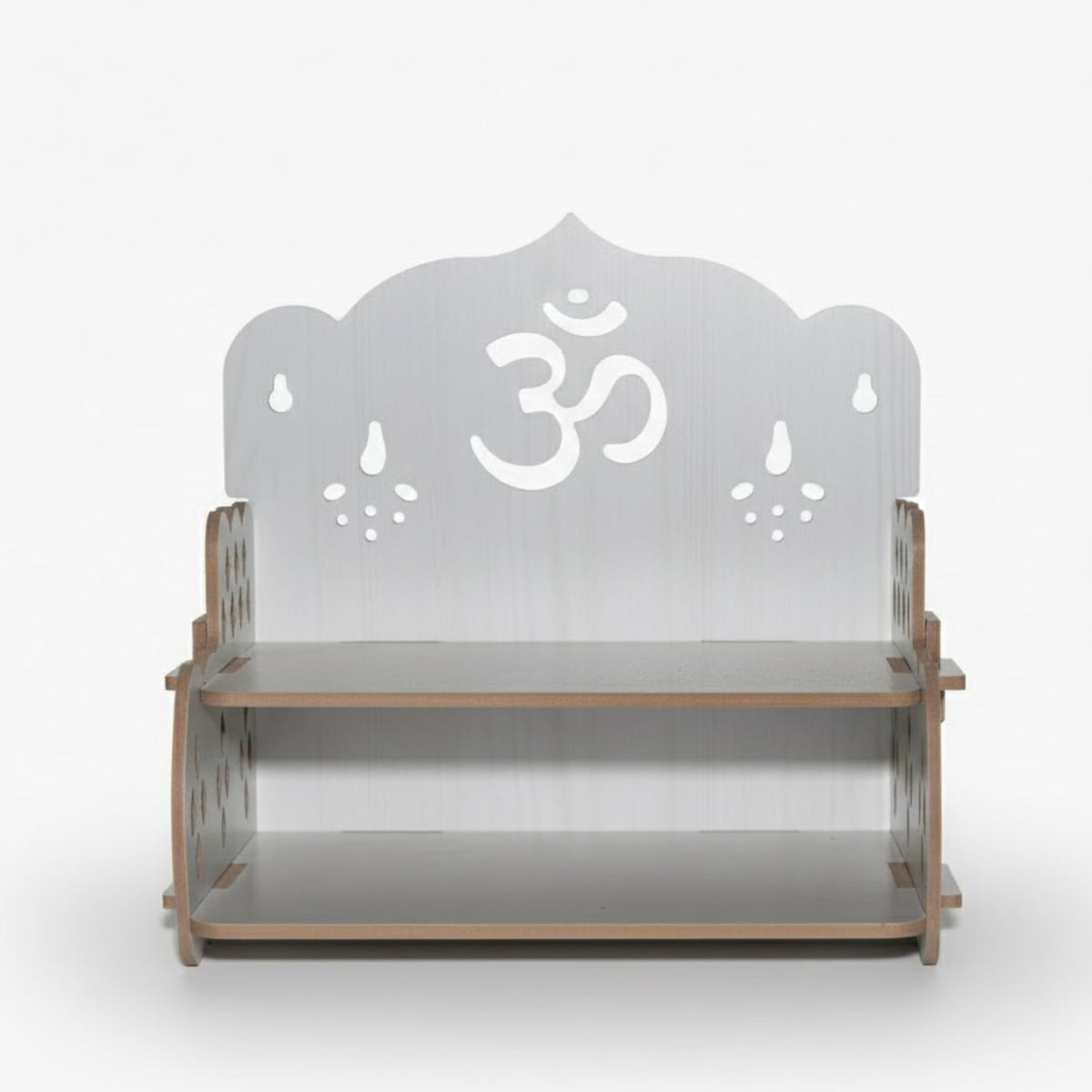 AR ART Wall Mounted Wooden Pooja Mandir for Home | Two Tier Temple Shelf with Om Design | White Prayer Shelf for Idols Diya & Pooja Items | Home Temple Decor