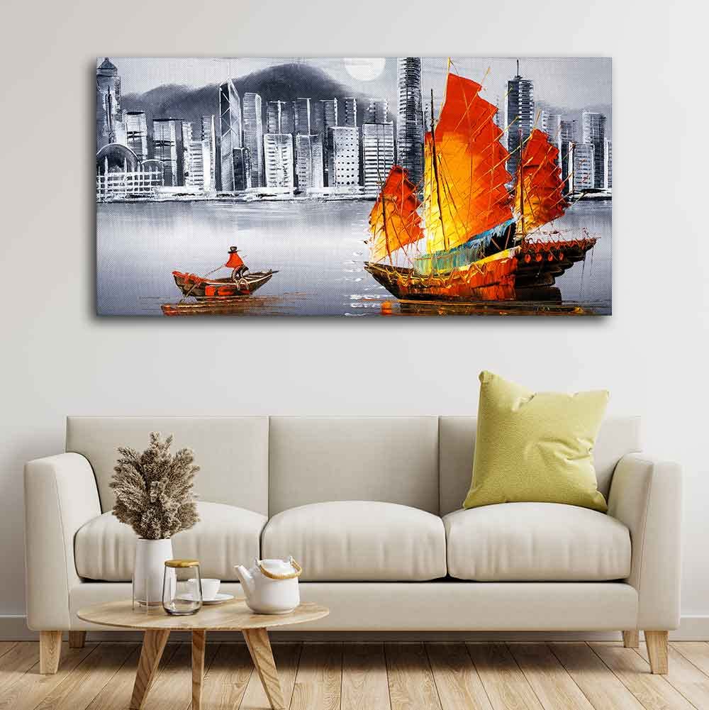 VIBECRAFTS Canvas Paintings for Living Room Drawing Room Premium Wall Painting of Victoria Harbor, Hong Kong Fitted with Wooden Frame for Home|Office|Gift(PTVCH_2284)