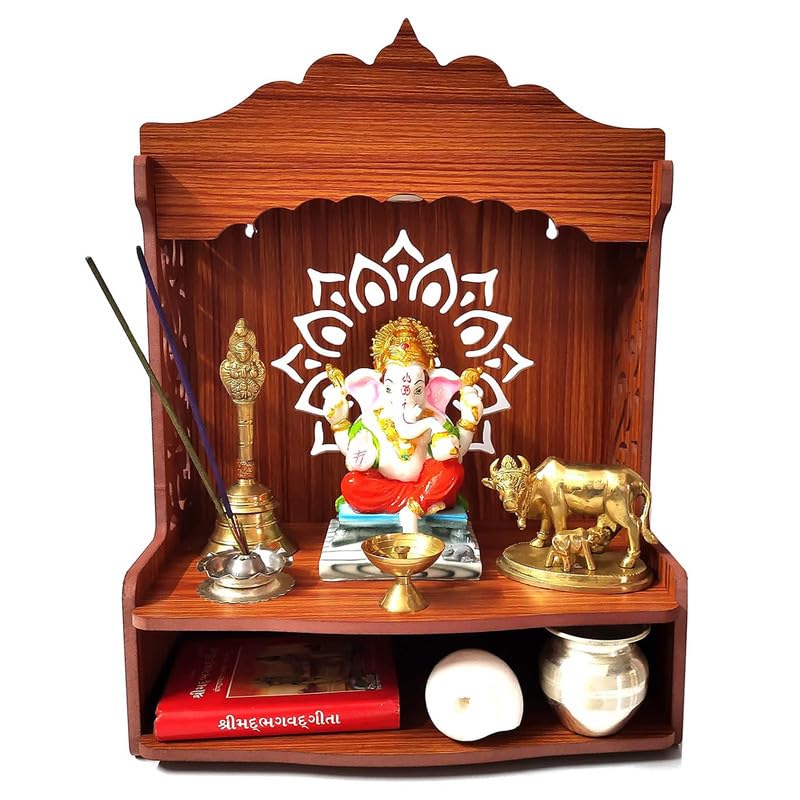 Gojeeva Wood Hand Crafted Om Carved Pattern with LED Spot Light Home Temple l Pooja Temple for Office l Puja Ghar l Hanging Stand for Puja (Brown-5) (Pack of 1)